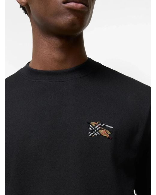 Burberry Black Equestrian Knight Embroidered Tufted Neck T-Shirt Size M for men