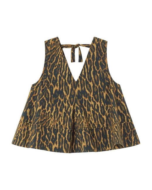 Ganni Green Leopard Print A-Line Sleeveless Top V-Neck