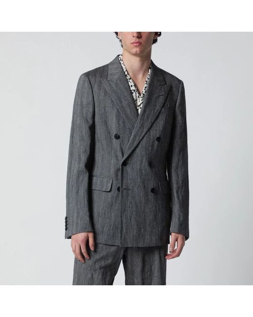 Dries Van Noten Gray Herringbone Double-Breasted Jacket for men