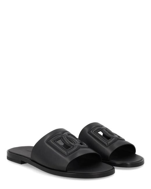 Dolce & Gabbana Black Dolce & Gabbana Leather Slippers With Logo for men