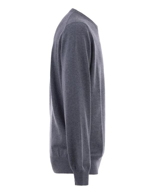 Brunello Cucinelli Blue Cashmere Crew Neck Sweater for men
