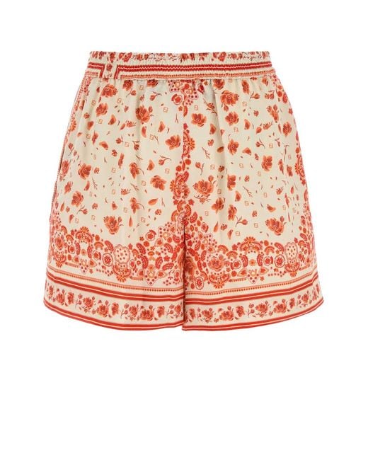 Fendi Orange Multicolour Printed Silk Shorts