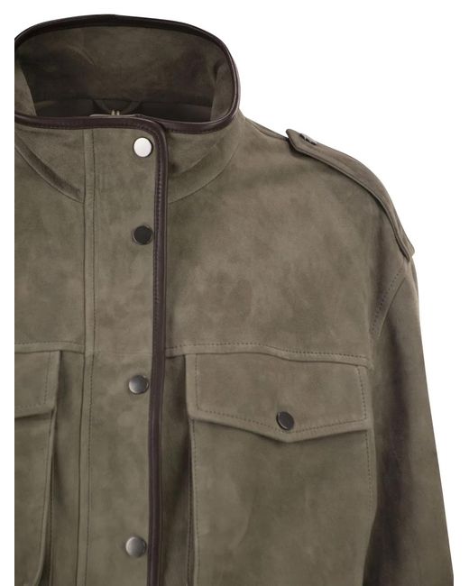 Brunello Cucinelli Green Suede Utility Jacket With Patch Pockets
