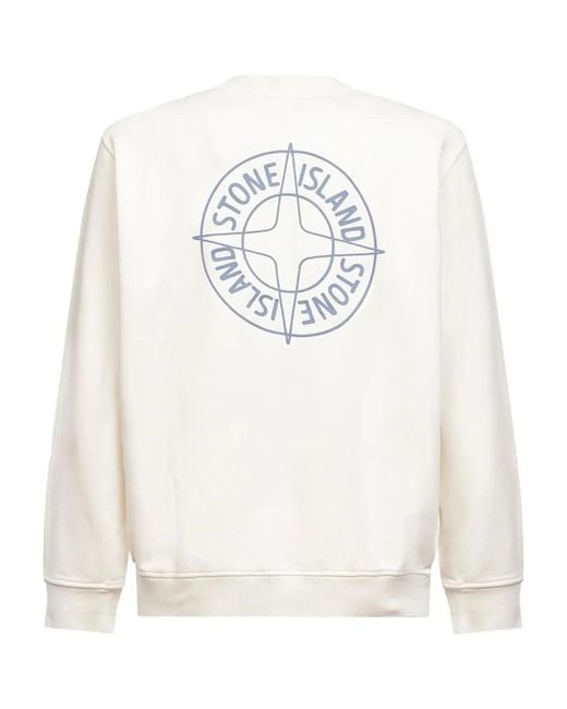 Stone Island White Oversized Crew Neck Sweatshirt With “Outline Compass” Print for men