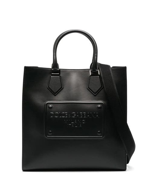 Dolce & Gabbana Black Leather Shopping Bag With Logo And Shoulder Strap for men
