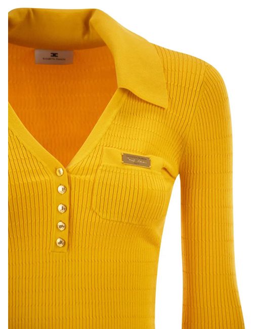 Elisabetta Franchi Yellow Micro-Cable Knit Polo Shirt
