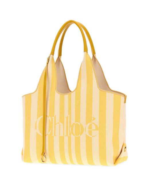 Chloé Yellow 37Cm Striped Embroidered Canvas Shopping Handbag