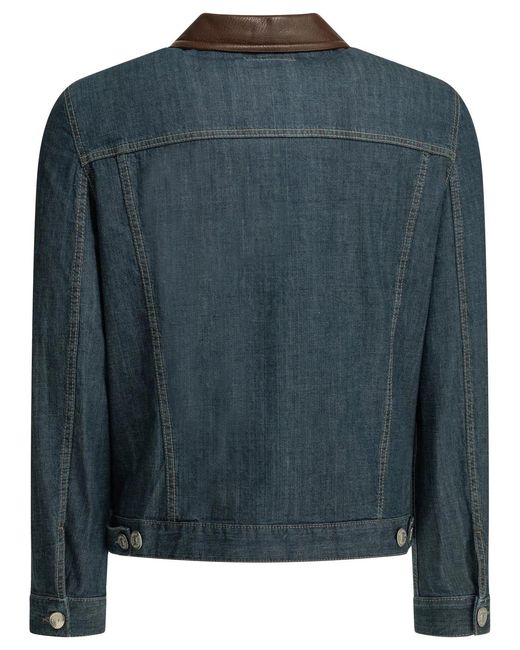 Brunello Cucinelli Blue Denim Jacket With Leather Collar for men