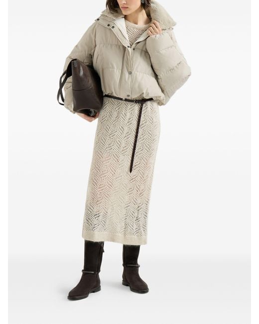 Brunello Cucinelli White Techno Cotton Taffeta Down Jacket With Detachable Shearling Insert And Monili