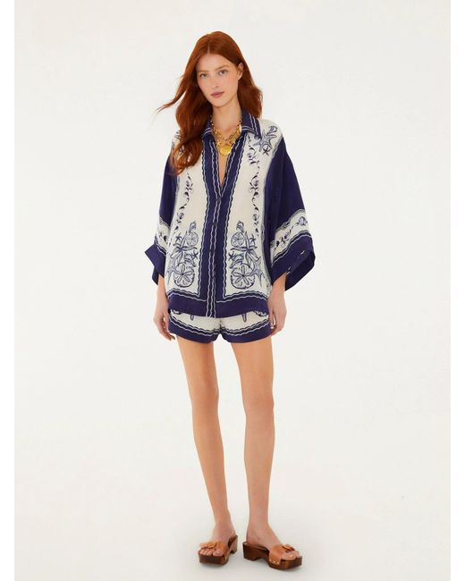 Farm Rio Blue Shirt With Coast Scarf Print