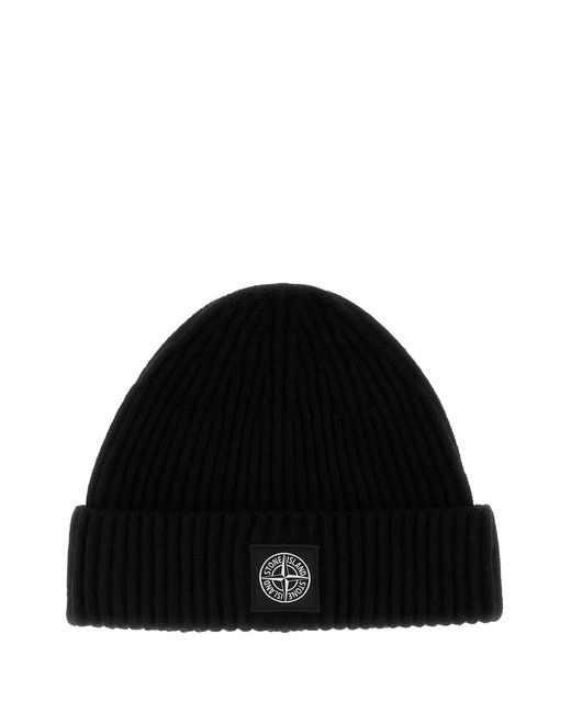 Stone Island Black Wool Beanie Hat for men