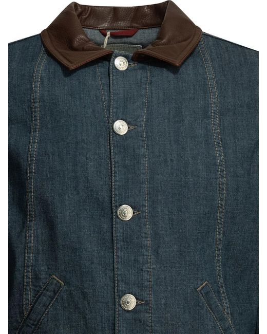 Brunello Cucinelli Blue Denim Jacket With Leather Collar for men