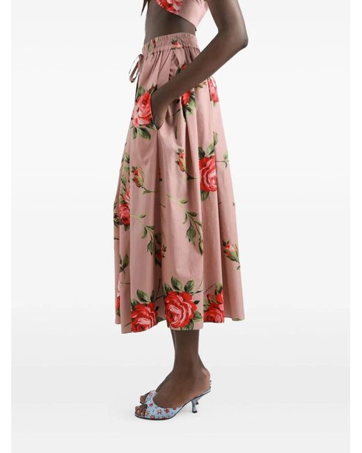 Dolce & Gabbana Red Dolce & Gabbana Rose Bouquet-Print Cotton Pleated Skirt