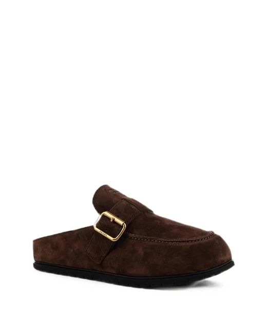 Prada Brown Suede Slippers With Buckle And Sheepskin Lining