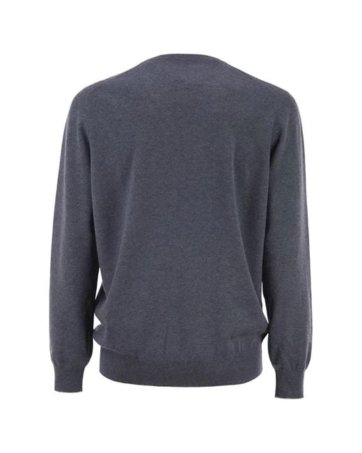 Brunello Cucinelli Blue Cashmere Crew Neck Sweater for men