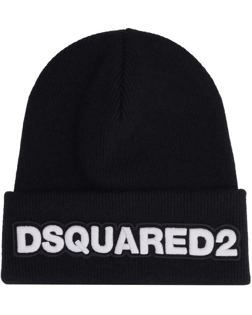 DSquared² Black Ribbed Knit Beanie for men