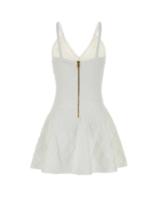 Balmain White Quilted Compact Viscose Knit Flare Dress