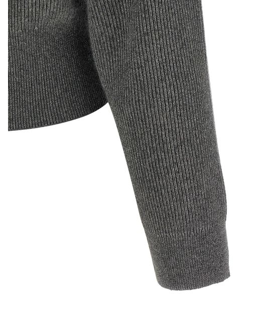 Brunello Cucinelli Gray Ribbed Cardigan With Leather Detail