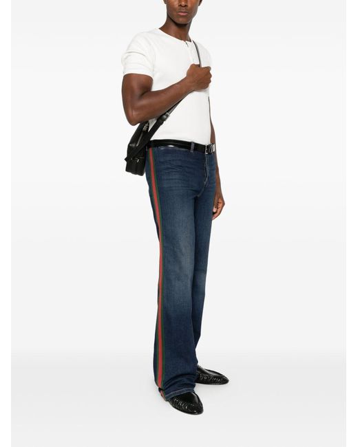 Gucci Blue Cotton Denim Trousers With Web Ribbon for men