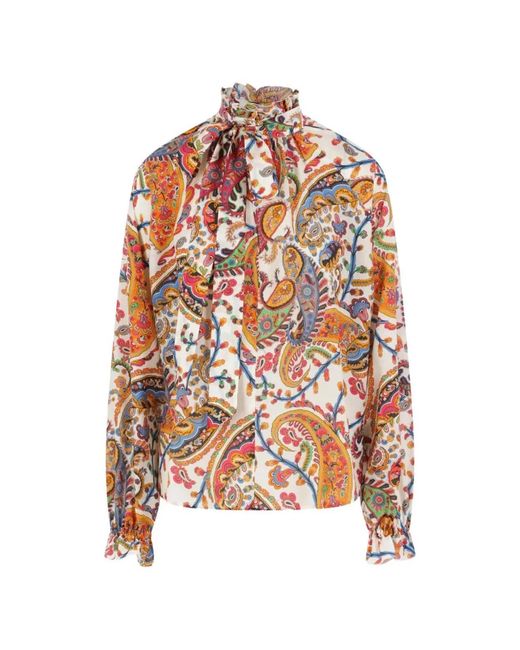 Etro White Paisley-Print Tie-Neck Silk Blend Blouse