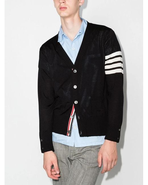 Thom Browne Black Cardigan Laine Mérinos Gris Chiné Col V Bandes Manche for men