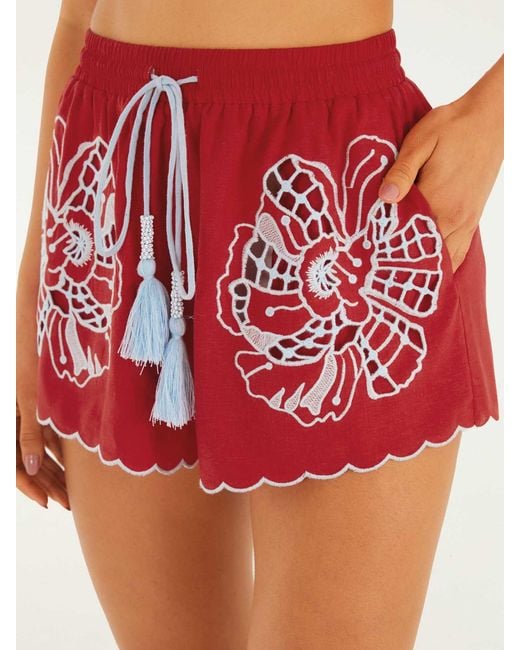Farm Rio Red Shorts With Embroidery