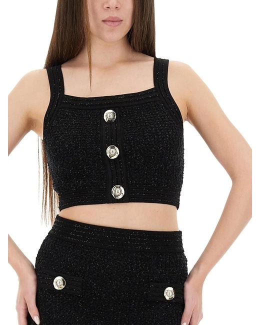 Balmain Black Tweed Crop Top