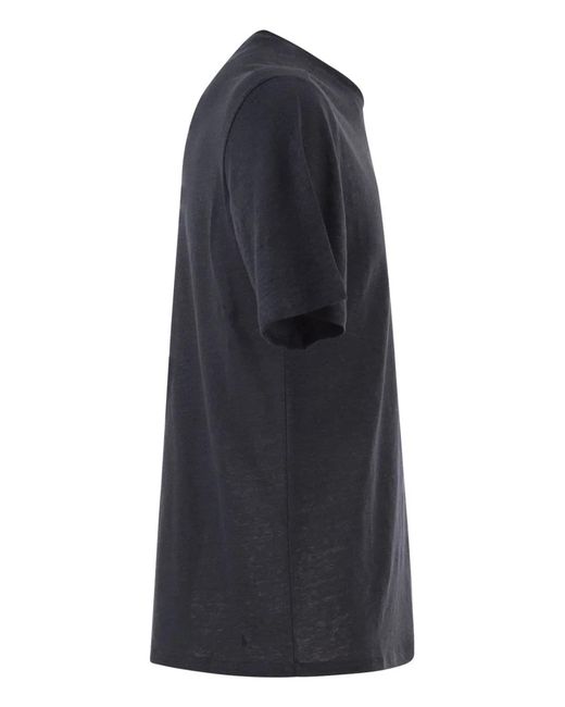 Majestic Blue Stretch Linen T-Shirt With Round Neckline for men