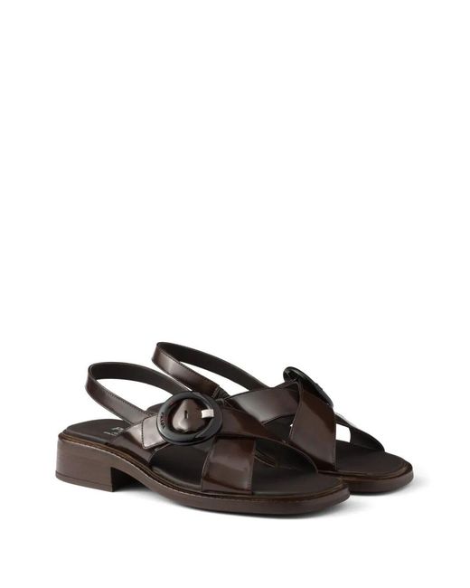 Prada Black Brushed Leather Crisscross Band Sandals With Plexiglas Buckle Shoes