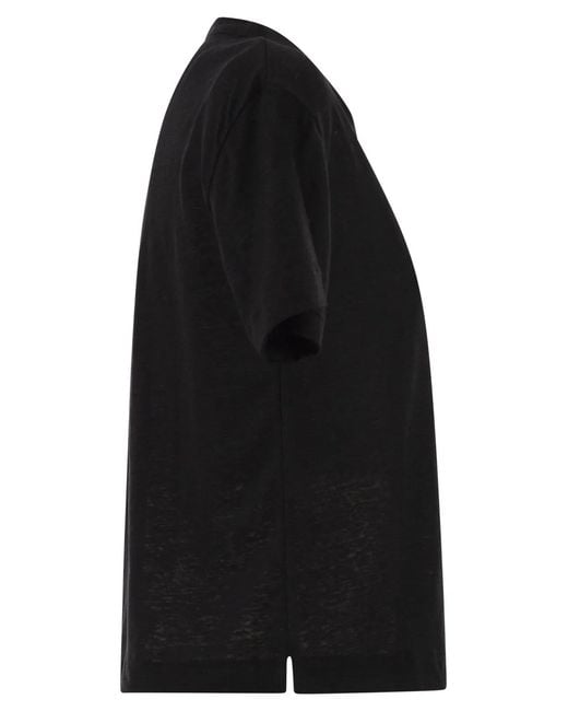 Majestic Black Stretch Linen T-Shirt With V-Neck