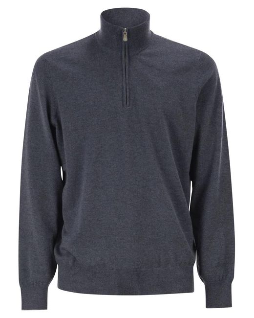 Brunello Cucinelli Blue Cashmere Turtleneck Sweater With Zipper for men