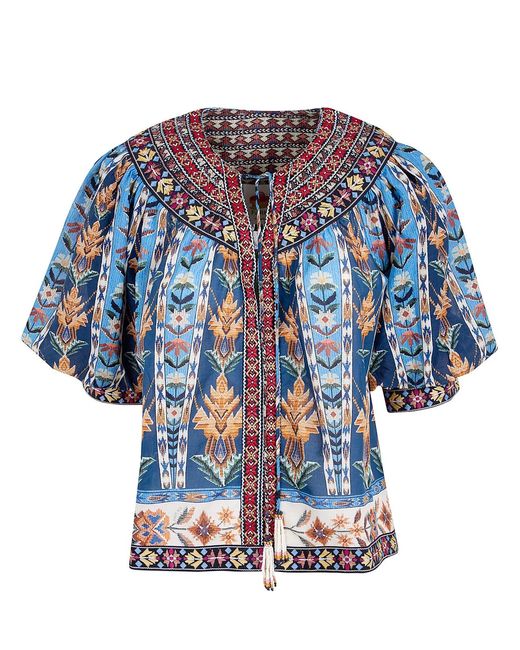 Farm Rio Blue Embroidered Tapestry Short Sleeve Blouse