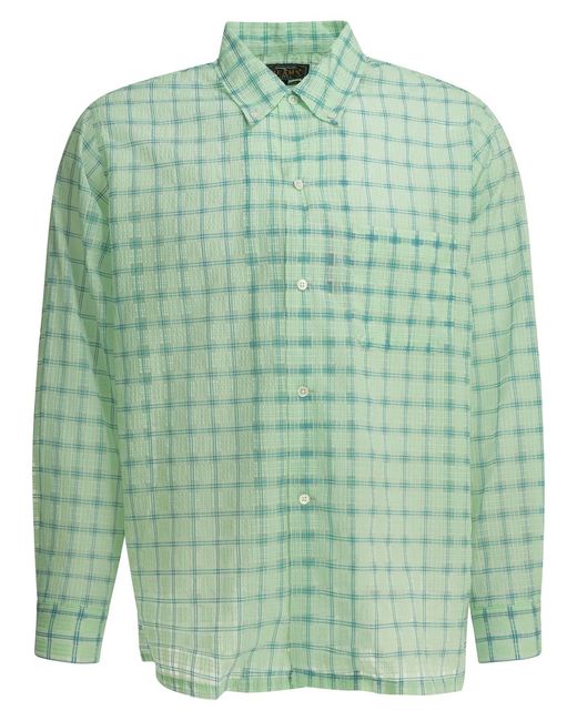 Beams Plus Green Open Db Nylon Airy Plaid Nylon Casual Shirt for men