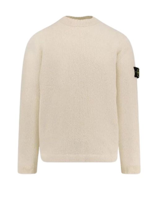 Stone Island White Ribbed Crewneck Sweater for men