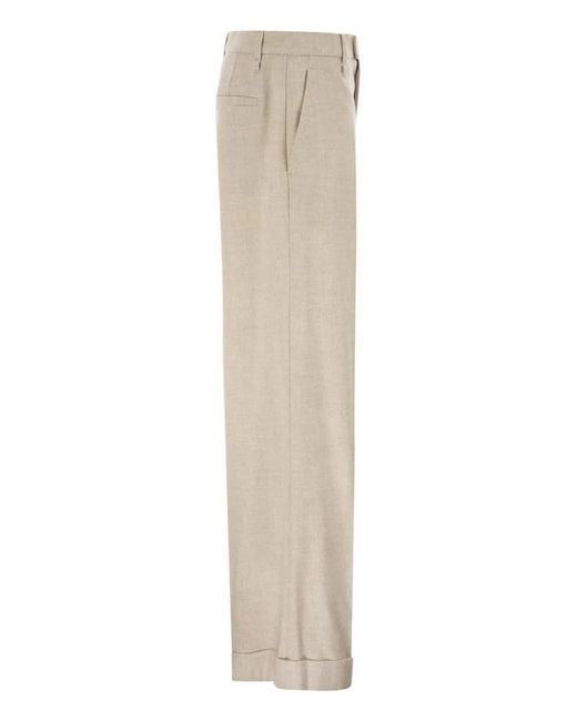 Brunello Cucinelli Natural Virgin Wool And Cashmere Tailored Trousers With Turn-Up Hem
