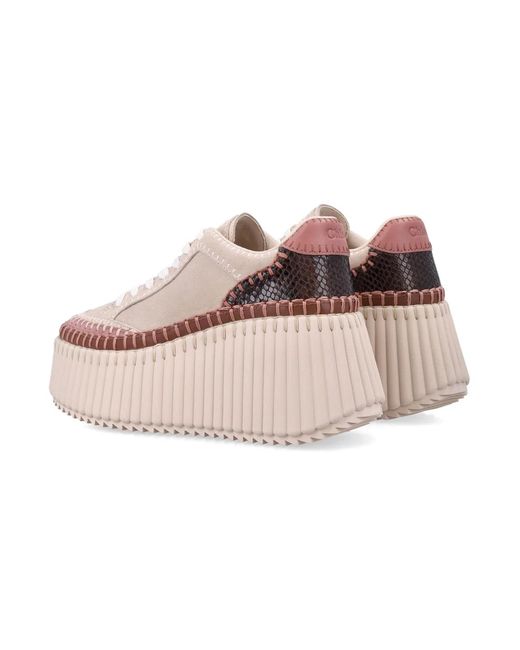 Chloé Pink Nama Wedge Sneaker With Embossed Leather Inserts & 8 Cm Heel