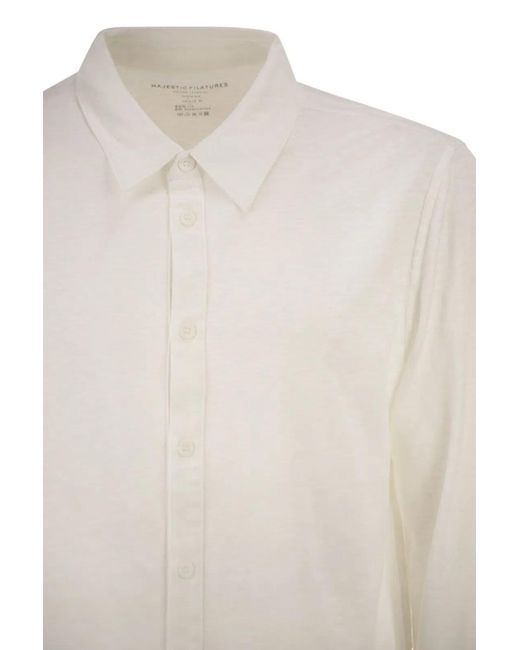 Majestic White Stretch Linen Shirt With Front Button Fastening for men