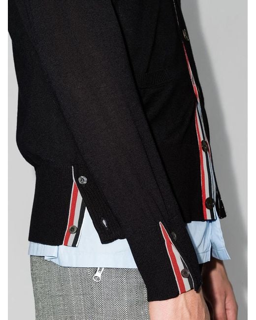 Thom Browne Black Cardigan Laine Mérinos Gris Chiné Col V Bandes Manche for men