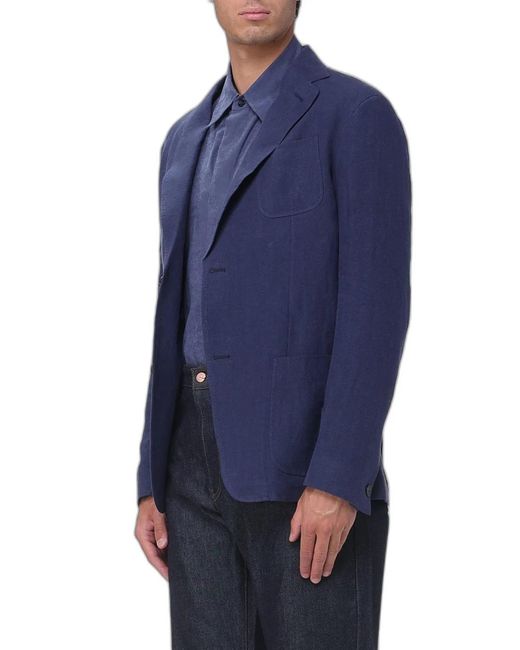Emporio Armani Blue Linen Notched Lapel Blazer for men