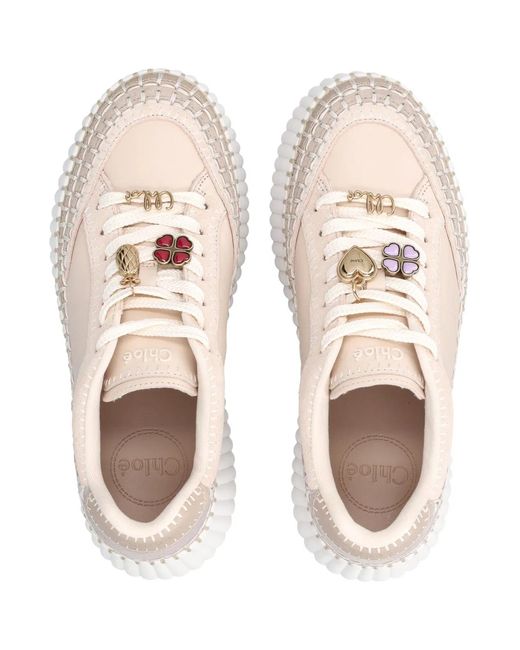 Chloé White Nama Wedge Platform Sneakers With Clover, Pineapple & Logo Charms