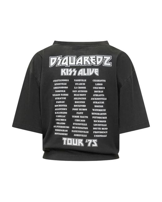 DSquared² Black Cropped Studded Kiss Graphic T-Shirt