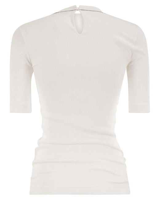 Brunello Cucinelli White Ribbed Stretch Cotton T-Shirt With Monili Trim