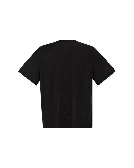 Majestic Black Stretch Linen T-Shirt With Round Neckline for men