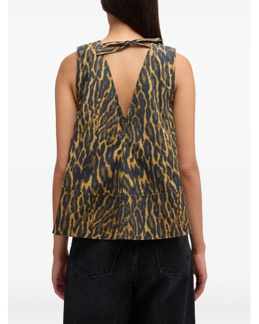 Ganni Green Leopard Print A-Line Sleeveless Top V-Neck