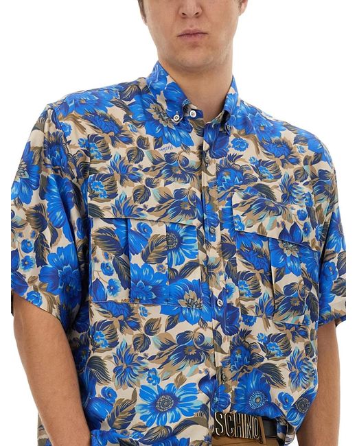 Moschino Blue Flowers Allover Print Shirt for men