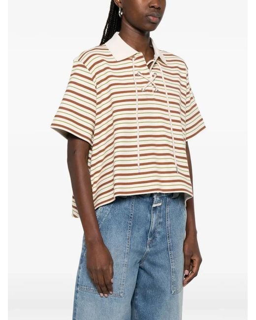 Moncler White Polo Rayé Crop À Lacets Marron Et Vert