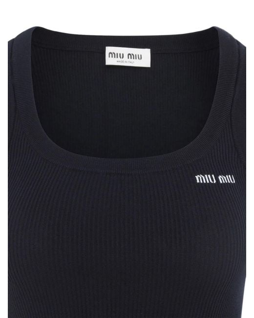Miu Miu Blue Logo-Embroidered Ribbed-Knit Top
