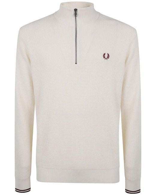 Fred Perry White Waffle Stitch Half Zip Jumper for men