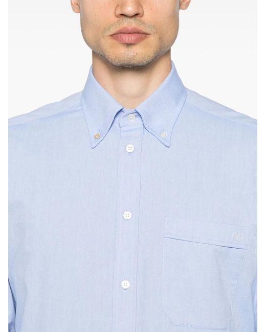 Valentino Garavani Blue Cotton Oxford Shirt With Vlogo Embroidery for men