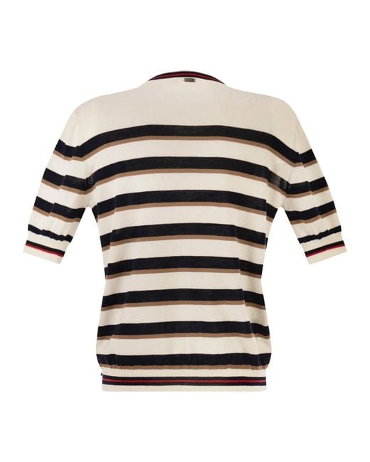 Herno White Short-Sleeved Striped Cotton Jumper